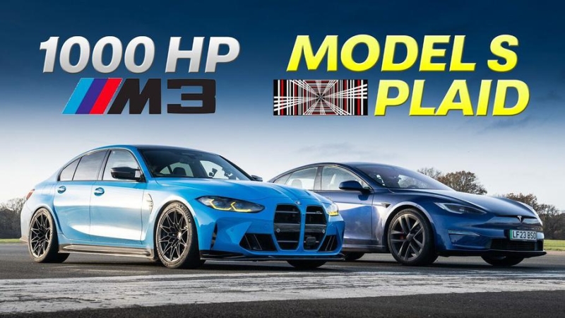 Видео: 1000-сильный седан BMW M3 сразился с 1000-сильным лифтбеком Tesla Model S